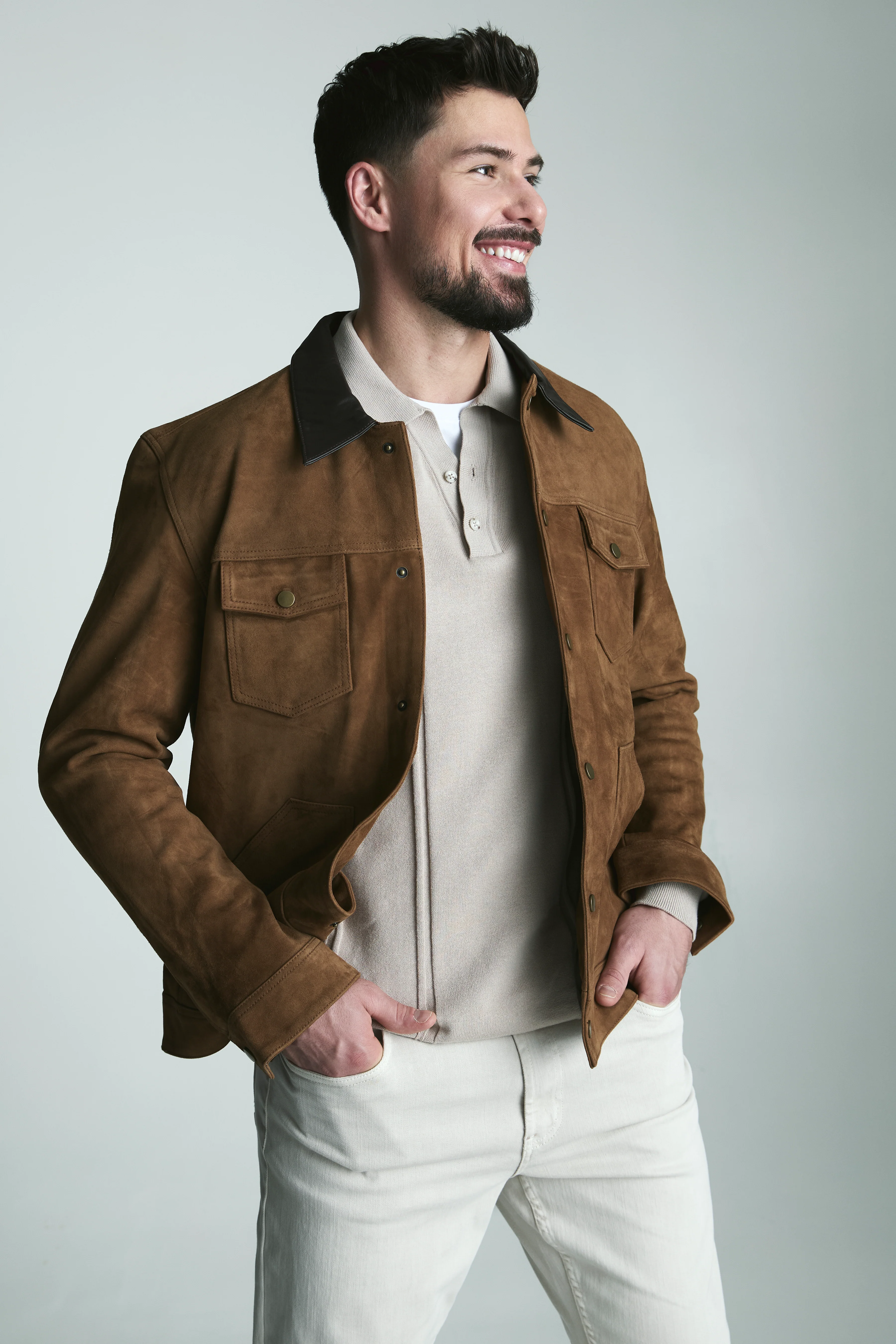 Goat suede overshirt with leather collar